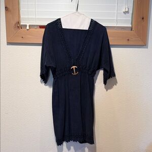 Navy V-Neck Mini Dress with Decorative Buckle